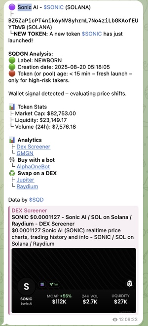 Solana Signals - TOP CALLS SO FAR

• Greensolo: $7K → $16M (2,285×)
• Fartful: $106K → $195M (1,800×)
• Dump: $38K → $59M (1,556×)
• Sonic: $82.7K → $72.5M (876×)

Receipts in the token-gated TG below. 500k $SQDGN to gain access v